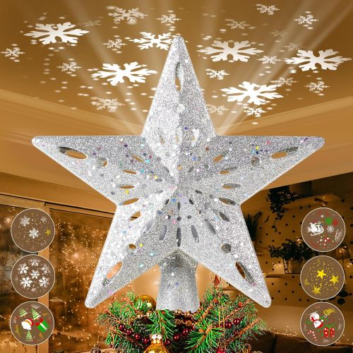 Christmas Tree Topper Star: 10" Xmas Tree Topper with 6 Projection Modes Built-in LED Rotating Projector Light 3D Glitter Star Tree Topper for Xmas Party Holiday Decoration - Silver
