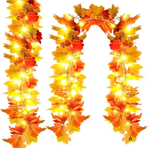 Fall Decorations for Home, 11.5ft Maple Leaf Fall Garland with Lights String, 50LED Battery Operated Lighted Artificial Autumn Garland, Thanksgiving Decorations for Home Porch Front Door