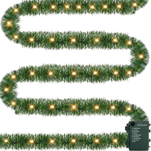 Dazzle Bright 15 FT Artificial Christmas Garland, Pre-Lit 50 LED Mini String Lights Battery Operated Xmas Garland, Lighted Christmas Decoration for Indoor Holiday Door Home Stairs Decor, Warm White