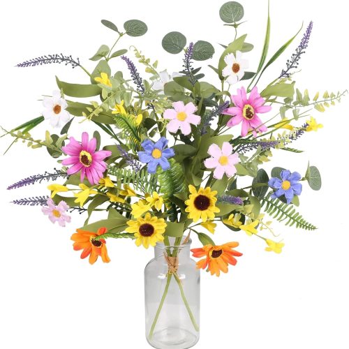 GTIDEA 2 Bundles Artificial Daisy Flowers Fake Silk Spring Flowers Colorful Flowers Fake Wildflowers Bouquet for Home Indoor Table Vase Wedding Party Decor (20in)
