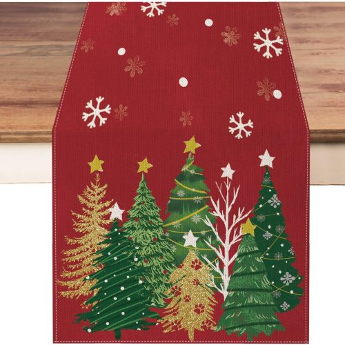 Christmas Table Runner 13x72 Inch, Red Snowflakes Pine Tree Table Decors for Seasonal Winter Xmas Holiday Home Kitchen Dining Party Indoor Outdoor