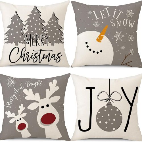 Christmas Pillow Covers 18x18 Set of 4 Christmas Decorations Snowman Deer Tree Winter Holiday Decor Throw Cushion Case for Home Couch