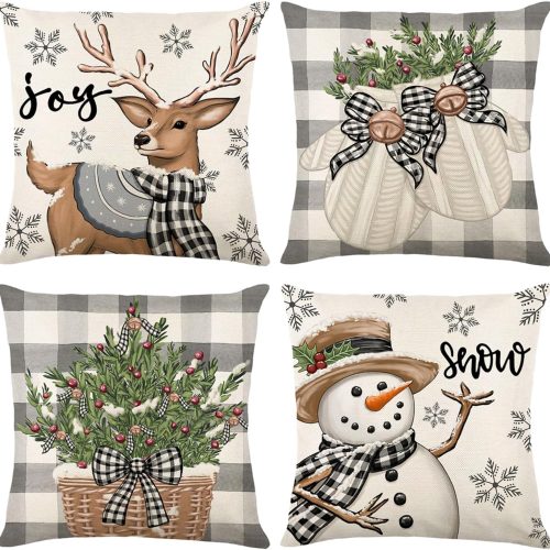Christmas Pillow Covers 18 x18 Inch Set of 4 Christmas Snowman Reindeer Gloves Eucalyptus Throw Pillow Covers Winter Holiday Cushion Case for Home Couch