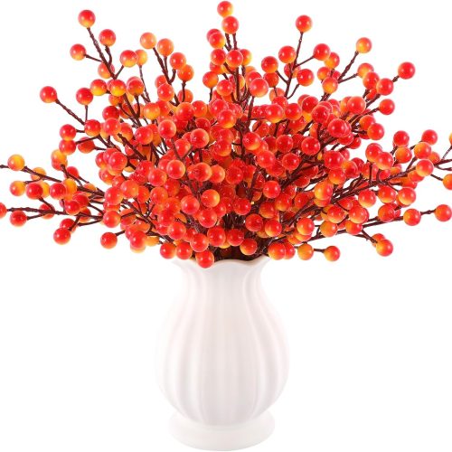 1 40 Pcs Artificial Berry Stems Branches, Fall Halloween Faux Holly Berries Picks and Sprays Ornaments for Thanksgiving Wreath DIY Craft Decorations Holiday Home Decor (40, Orange)