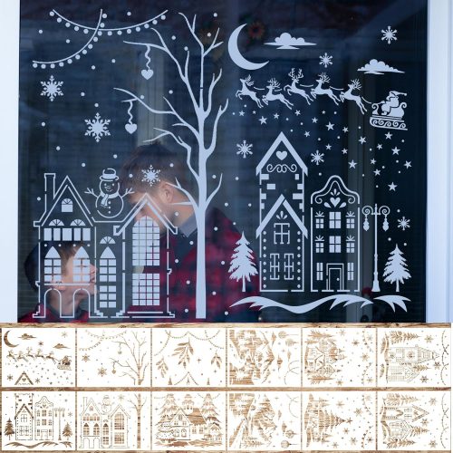 1 12 Pcs Christmas Stencils for Window Glass 13.78 x 11 Inch Large Reusable Christmas Stencil Xmas Village Tree House Holiday Drawing Templates for Xmas DIY Painting Glass Wall Home Decor