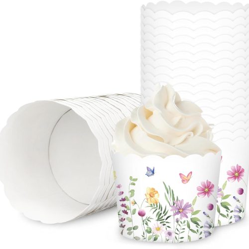 1 100Pcs Wildflower Baking Cups Colorful Flower Butterfly Cupcake Wrappers Floral Paper Scalloped Edge Cupcake Muffin Cases for Birthday Dessert Decoration