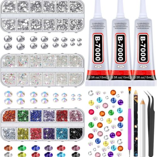 1 B7000 Jewelry Glue with Rhinestones for Crafts, 14000Pcs 14Colors Flat Back Rhinestones with Gems Adhesive for Shoes Cloth Fabric Diamond Art Crafting Graduation Cap Decorations