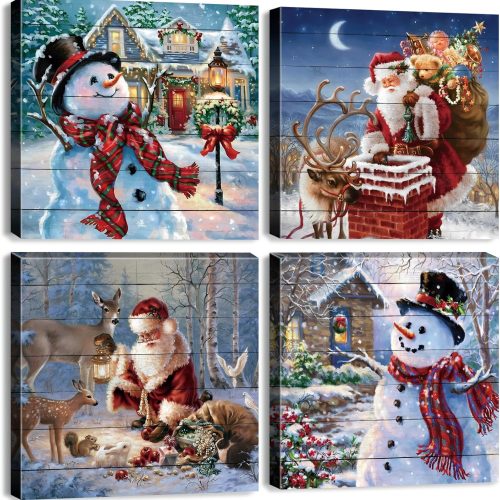 1 Christmas Wall Art Snowman Wall Decor Santa Claus Canvas Christmas Pictures Home Decorations Red Watercolor Deer Painting for Living Room Bedroom Xmas Party Winter Cottage Artworks Gifts 12x12" 4 Pcs