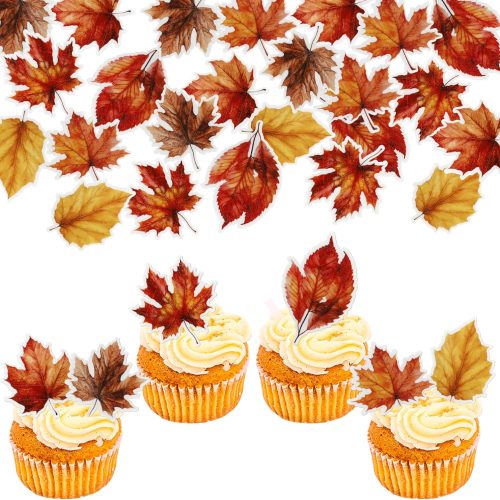 1 48 PCS Edible Edible Fall Leaves Cupcake Toppers Wafer Paper Autumn Maple Leaves Cupcake Picks Edible Gold leaf Cupcake Decorations for Thanksgiving Baby Shower Birthday Party Cake Decor Supplies