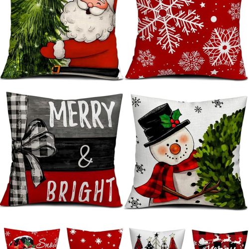 1 Christmas Decorations Set of 4 Double-Sided Print Christmas Pillow Covers 18" x 18", with 8 Cute Patterns, Throw Pillow Covers Perfect for Home Christmas Decor