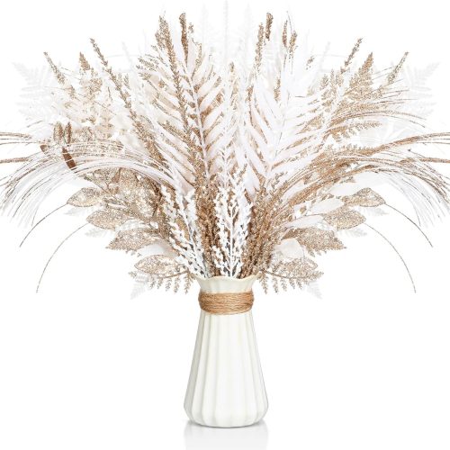1 50 Pcs Champagne Gold and White Christmas Tree Picks and Sprays Xmas Tree Topper Glitter Pine Twigs Faux Glittery Branch Stems for Christmas Vase Wreath Decoration DIY Craft Supplies