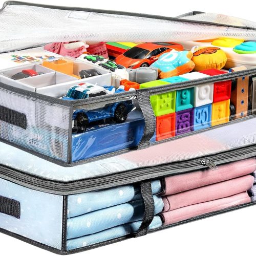 2 Pack Under Bed Storage Containers Bins, Humid-Proof Plastic Underbed Storage Bins, Clothes Storage and Organization Bags, Under the Bed Blanket Storage with Handles for Clothes, Bedroom