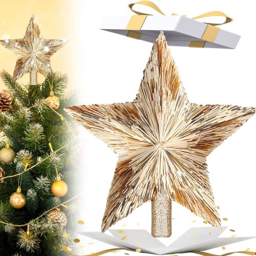 1 Gejoy 8.6 Inch Christmas Star Tree Topper Champagne Gold Star Tree Topper Glitter Xmas Tree Top Ornament Estrella para Arbol De Navidad for Christmas Tree Decorations Xmas Party Home Office Decor