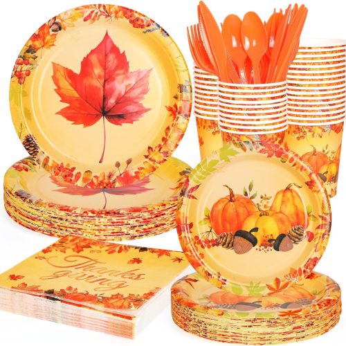1 175 PCS Fall Maple Leaves Dinnerware Set Thanksgiving Party Supplies Pumpkin Tableware Include Paper Plates Cups Cutlery Napkins Autumn Harvest Disposable Dinnerware, Serve 25