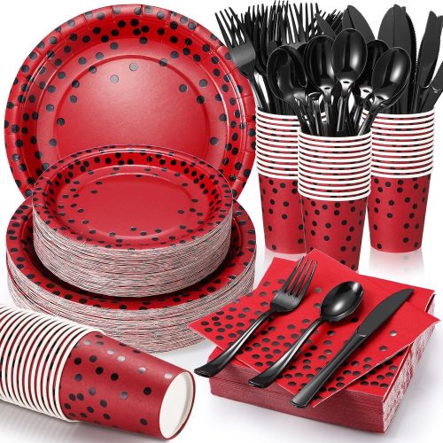 1 Sieral 560 Pcs Red and Black Party Supplies for 80 Guests - Disposable Dinnerware Set With Plates, Napkins, Cups, Forks, Knives, Spoons for Graduation, Birthday, Ladybug Party