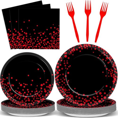 1 96 Pcs Black and Red Party Plates and Napkins Party Supplies Red Dot on Black Party Birthday Tableware Set Decorations Favors for Birthday Baby Shower Serves 24