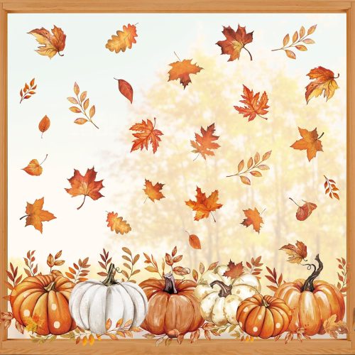 1 Fall Window Clings Pumpkin Leaves Window Stickers Double-Side Glass Decals for Autumn Harvest Thanksgiving Home Party Shop Display Decoration, 82Pcs, 9 Sheet