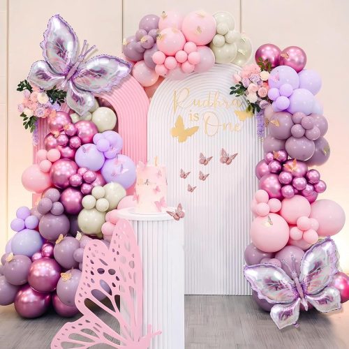 1 Butterfly Balloon Arch Kit - 142pcs Pastel Pink & Purple Balloons with Butterfly Stickers & Large Foil Balloons for Girl's Baby Shower, Wedding, Birthday Party Decorations