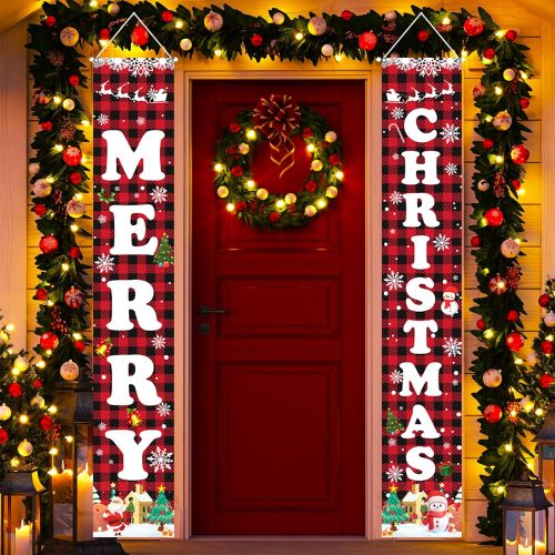 Christmas Decorations Red Black Buffalo Plaid Banner Xmas Porch Door Sign Welcome Banner for Wall Home Party Decor Merry Christmas Decorations Indoor Outdoor