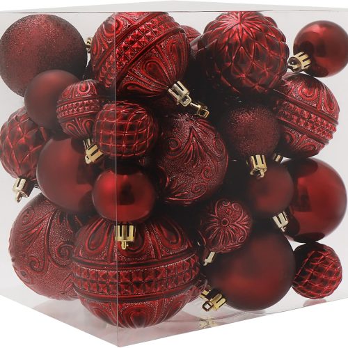 1 Christmas Ball Ornaments Wine Red Christmas Tree Decorations with Hang Rope-36pcs Shatterproof Christmas Ornaments Set with 6 Styles in 3 Sizes(Small Medium Large)