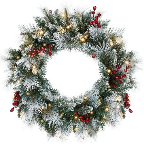 24in Prelit Christmas Wreath, Christmas Wreaths for Front Door, Prelit Christmas Wreath with Lights, Flocked Christmas Door Wreath Decorated with Pine Needles, Berries, Frosted Fluffy Branches
