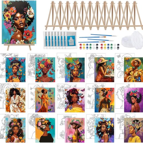 Tenceur 16 Sets Pre Drawn Canvas to Paint for Sip and Paint Party, 8 x 10 Inch Preprinted Framed Pre Sketched Coloring Canvas with Easels and Brushes for Adults Kids Party Supplies(Black Girl)
