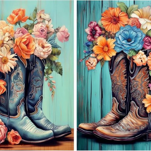 YOYA 2 Pack 5D Diamond Painting Kits for Adults - Cowboy Boots Diamond Art Kits Flowers DIY Full Drill Diamond Dots Gem Art and Craft for Adults Home Wall Decor 12 x 16 Inch