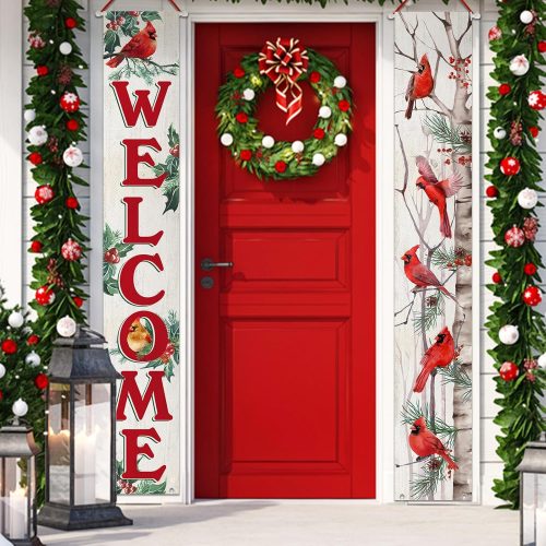 1 Welcome Christmas Cardinal Porch Banner Sign, Xmas Red Birds White Birch Front Door Decorative Hanging Banner Flag, Holly Berry Holiday Decoration Home Outdoor Decor
