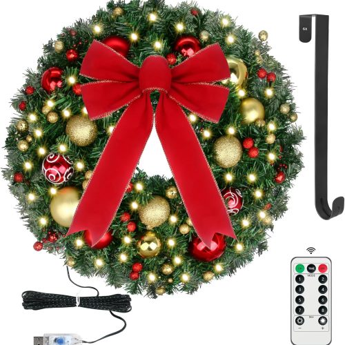 1 24 Inch Prelit Christmas Wreath with Lights and Remote - Waterproof Battery Operated Lighted Christmas Door Wreath with Timer, 50 LED, Wreath Hanger, and Ball Ornaments for Christmas Decorations