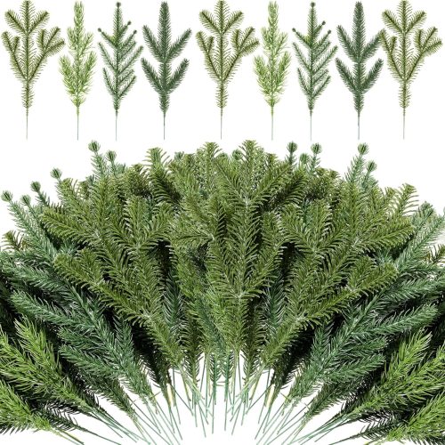 1 Yunlly 80 Pcs Christmas Artificial Pine Needle Branches 4 Styles Garland Greenery Plant Winter Fake Stems Xmas Tree Picks for DIY Wreath Centerpiece Vast Home Winter Wedding Party Decoration (Simple)