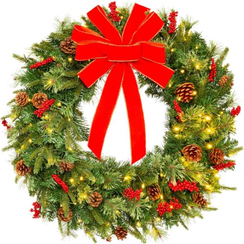 1 Best Choice Products 24in Pre-Lit Battery Powered Christmas Wreath Artificial Pre-Decorated Holiday Accent w/ 70 Lights, 96 PVC Tips, Ribbons, Pine Cones