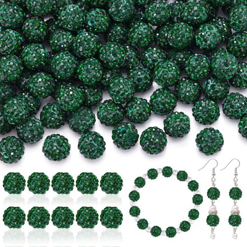 1 105pcs 10mm Rhinestone Beads for Jewelry Making, Dark Green Shiny Round Disco Ball Beads Bulk, Sparkle Crystal Clay Christmas for Bracelet Baseball Necklace Earring Crafting and DIY