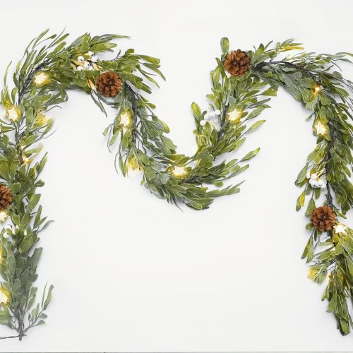 1 6FT Pre-lit Christmas Garland with 20 LED,Artificial Greenery Pine Garlands with Star Berry,Battery Operated with Timer for Indoor Outdoor Office Winter Holiday Decor