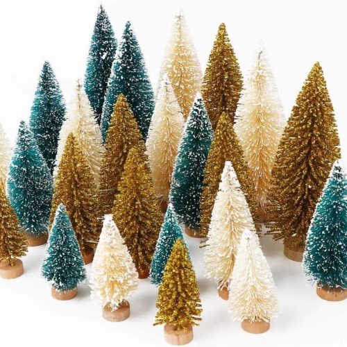 1 AerWo 24Pcs Mini Christmas Trees Bottle Brush Trees with Wood Base, Christmas Village Trees for Tabletop Christmas Decor Holiday Winter Decorations