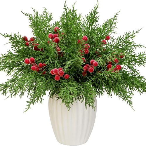 1 Set of 40 Artificial Pine Branches Christmas Holly Berries Stems Faux Evergreen Cedar Sprigs Craft Winter Greenery Frosted Berry Picks Holiday Christmas Tree Vase Fillers Decorations (Green & Red)