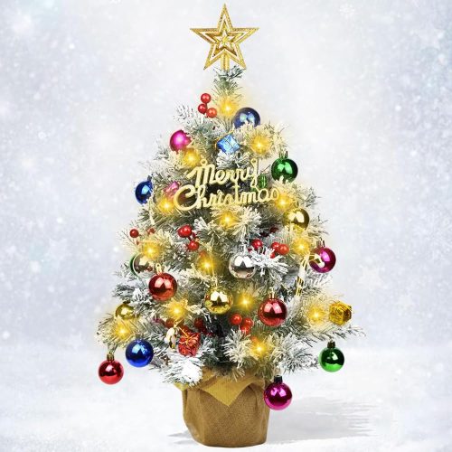 1 Nialnant 2Ft Pre-lit Snow Flocked Artificial Mini Christmas Tree for Tabletop, Desktop, and Table Decoration