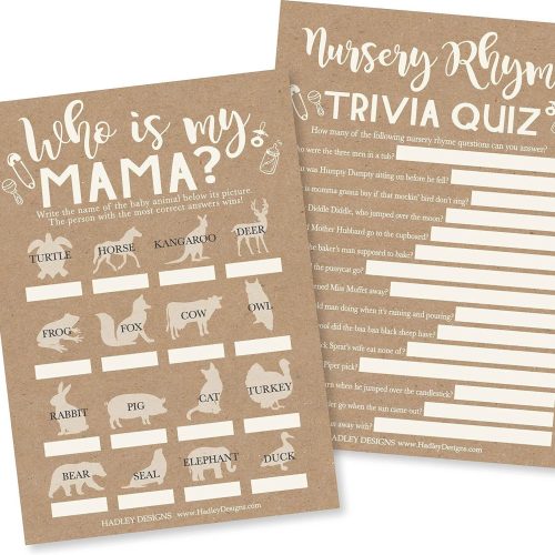 1 Hadley Designs Hilarious Baby Shower Games Set – 25 Double-Sided Cards for 25 Guests, 2 Games, Baby Animal Matching, Nursery Rhyme, Gender Neutral and Fun for Boys & Girls (Rustic)