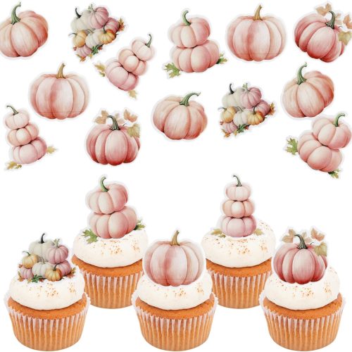 1 48 PCS Edible Pumpkin Cupcake Toppers Wafer Paper Pink Pumpkin Fall Theme Cupcake Picks Edible Little Pumpkin Cake Decorations for Fall Harvest Theme Baby Shower Birthday Thanksgiving Party Supplies