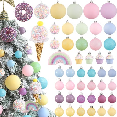1 46Pcs Pastel Christmas Tree Balls Ornaments, Macaron Rainbow Shatterproof Xmas Ball Hanging Ornament Pendants for Christmas Tree Candyland Party Holiday Decoration