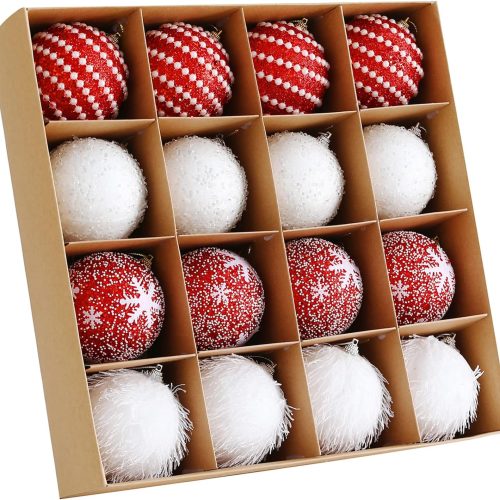 1 Christmas Tree Ball Ornament Set 16pcs 80mm/3.15inch Red White Glittering Shatterproof Foam Christmas Ball Ornaments Xmas Tree Decor Holiday Decoration
