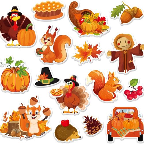 1 Whaline 32Pcs Thanksgiving Fall Thick Gel Clings Harvest Pumpkin Turkey Truck Squirrel Scarecrow Window Gel Decals for Autumn School Home Classroom Wall Decor, 2 Sheets