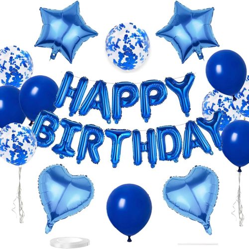 1 27 Pcs Dark Blue Birthday Decorations, 3D Foil Dark Blue Happy Birthday Balloon Banner, Pentagram Heart Foil Balloons Confetti Balloons Kit For Boys Girls Birthday Party Supplies