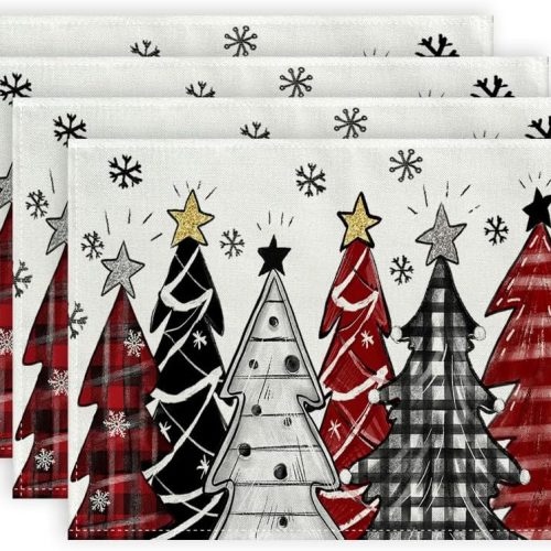 1 GEEORY Christmas Placemats 12x18 Inch Set of 4, Xmas Trees Snowflakes Winter Seasonal Holiday Farmhouse Kitchen Dining Table Decoration for Indoor Outdoor Dinner Party Décor Black Red GP140-18