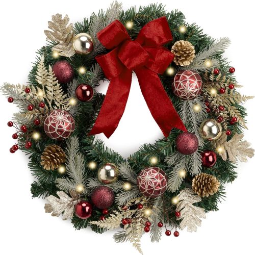 1 Valery Madelyn 20'' Pre-Lit Christmas Wreath for Front Door with Lights, Lighted Christmas Door Wreath with Red Good Balls Velvet Bow for Home Porch Fireplace Window Holiday Party Wall Decor