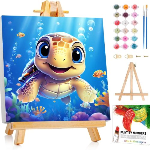 1 Reivworl Paint by Numbers Kit for Kids with Frame and Easel, Sea Turtles Paint by Number for Kids Age 6-8-12, Acrylic Paint by Numbers for Gifts and Home Decor (8X8inch)