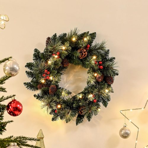1 20Inch Light up Christmas Wreath, Pre-Lit Artificial Wreath for Christmas Door Decoration, Battery Operated Xmas Wreath with Timer, 20LED Warm Lights for Outdoor, Indoor Wall, Fireplace Decor