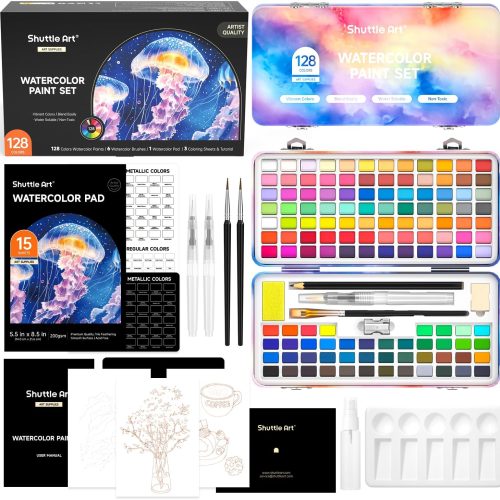 1 Shuttle Art Watercolor Paint Set, 128 Vibrant Colors with Metallic Shades, Travel Water Color Set with Watercolor Brushes, Palette, Watercolor Sketchbook and Coloring Sheets for Adults, Kids, Artists