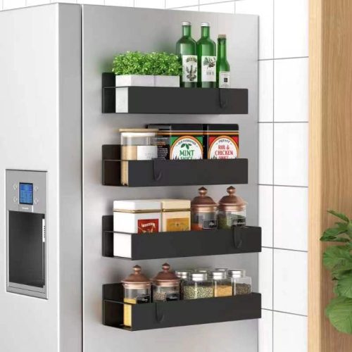 1 Metal 4 Pack Magnetic Spice Storage Rack Organizer for Refrigerator and Oven, Black Fridge Organizers and Storage