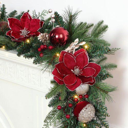 1 SHareconn 8.9FT Prelit Christmas Garland with Multi-Color LED Lights, Battery-Operated Timer, Includes Flower Ball Poinsettia for Mantle Fireplace Indoor Outdoor Xmas Decor, Red Champagne Gold, 8.9 FT