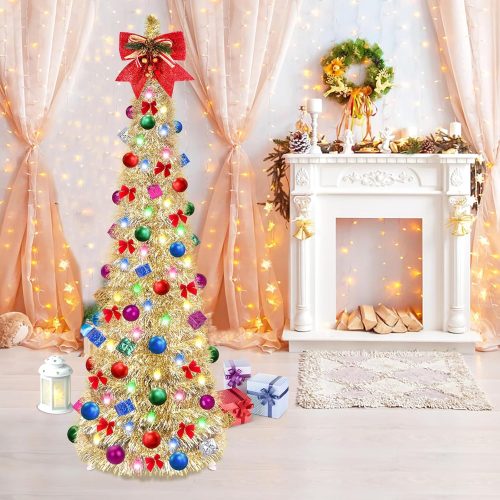 1 Pop Up Christmas Tree, 5FT Collapsible Christmas Tree with 30 LED Multicolor Lights, Tinsel Pencil Tree with Ball Bowknot for Indoor, Party, Xmas, Home, Office Decor